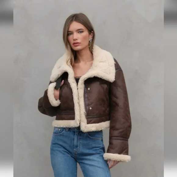 PACSUN Faux Leather Sherpa Moto Jacket. Brown/cream. Size Small - Picture 5 of 16